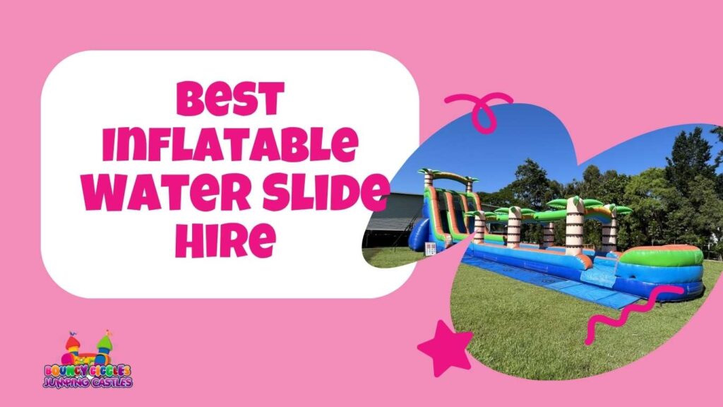 Best inflatable water slide hire Brisbane showing Blue Tropical dual lane waterslide professionally set up in park